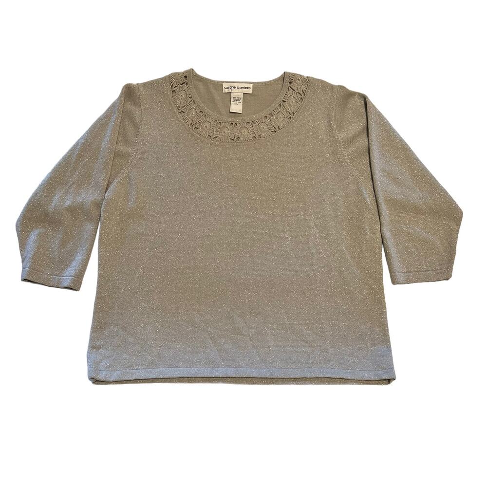 Cathy Daniels, Silver Crochet Neckline Acrylic Sweater, XL